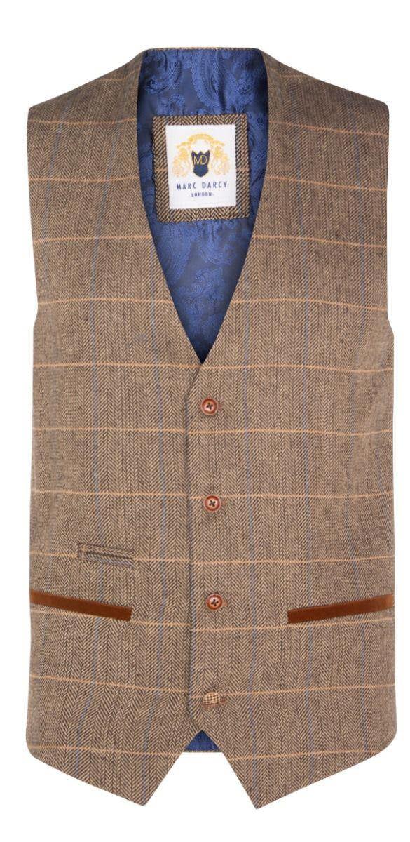 Marc Darcy Mens 3 Piece Tan Tweed Check Suit
