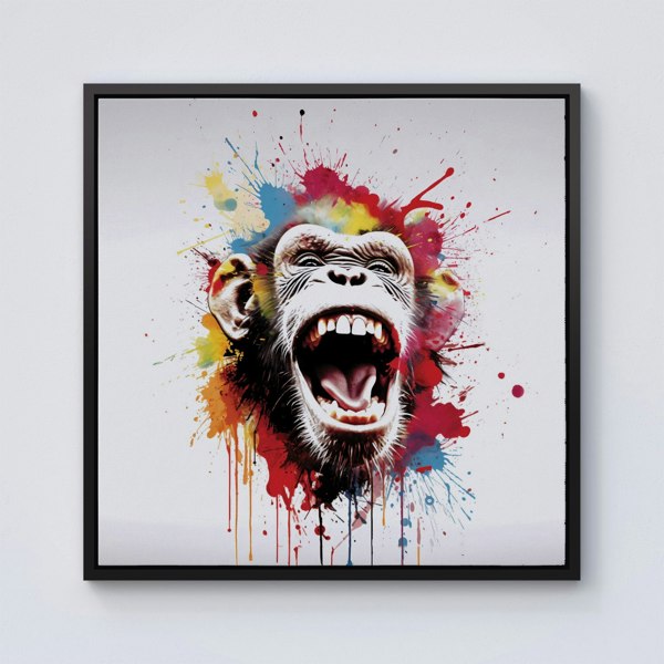 Warren Reed Coloured Splash Art Crazy Monkey Face Framed Canvas