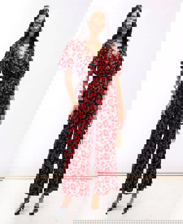 Needs No Label Red Floral Flutter Sleeve Jumpsuit