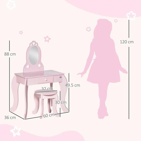 Pink kids vanity table set with mirror and 3-sided stool dimensions