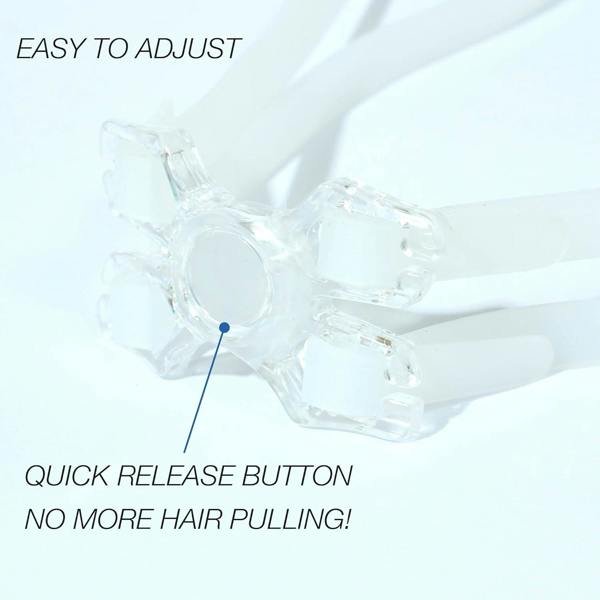 Close-up of clear quick-release buckle on Optimum swimming goggles strap, easy adjust feature - Optimum