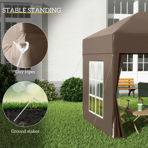 Coffee-brown pop-up gazebo tent with guy ropes and ground stakes