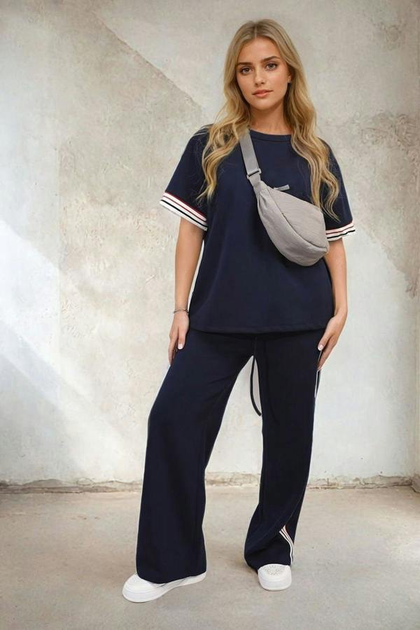 Jennifer Contrast Stripe Top And Wide Leg Trouser Co-ord Set - Navy