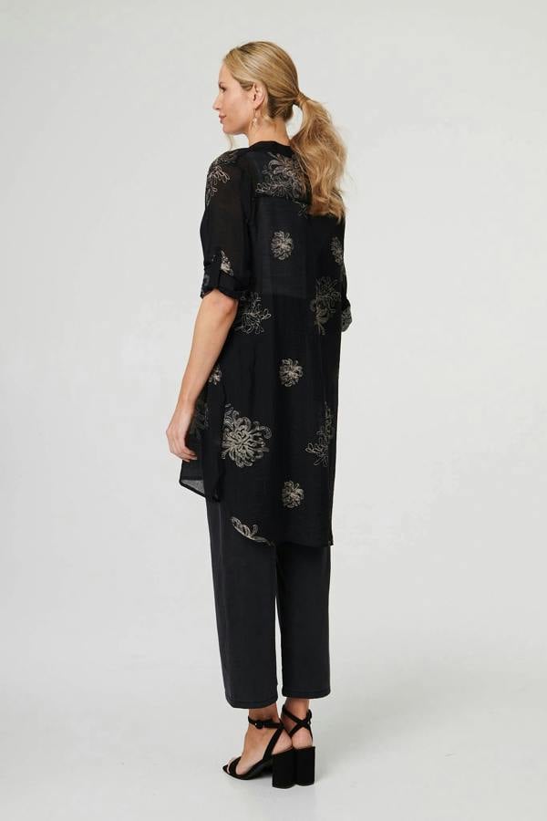 Black | Floral Semi Sheer Longline Tunic Shirt