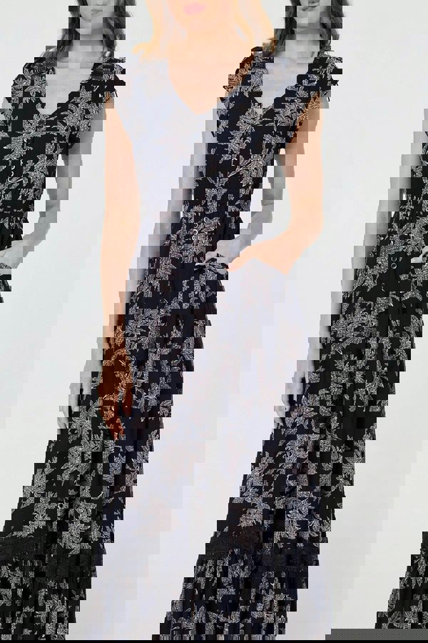 Navy | Leaf Print Shirred Lace Trim Maxi Dress