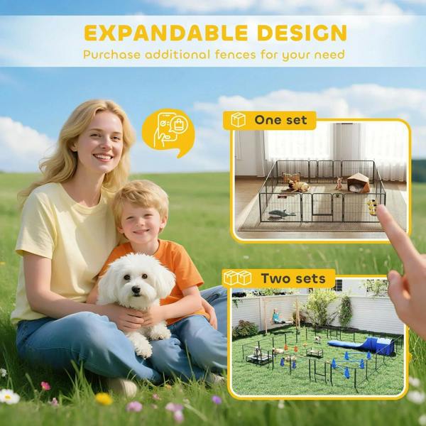 Expandable silver wire puppy playpen set for larger indoor or outdoor enclosures
