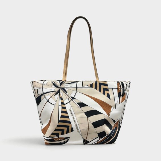 Tory Burch Nylon Printed Tote Bag Beige Sailboat