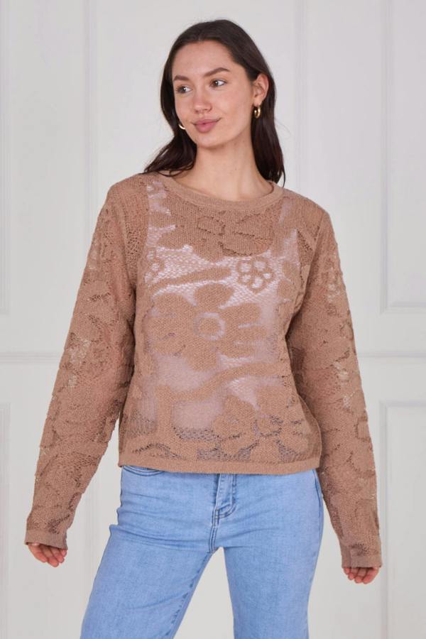 Model wearing a long sleeve crochet top with an open-knit pattern, styled with high-waisted jeans, featuring a relaxed fit and lightweight texture for casual everyday wear.