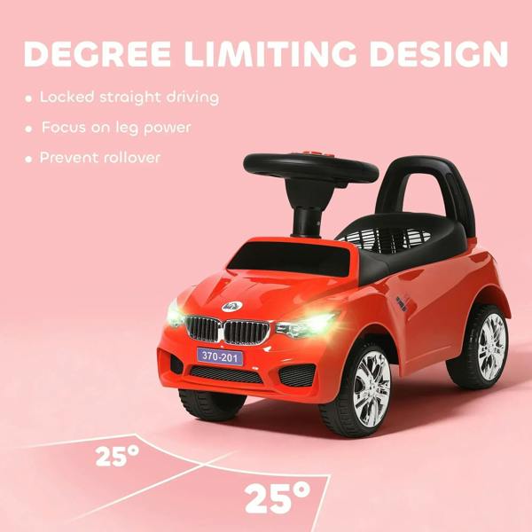 Red ride-on car walker toy with black steering handle, front grille detail, four wheels