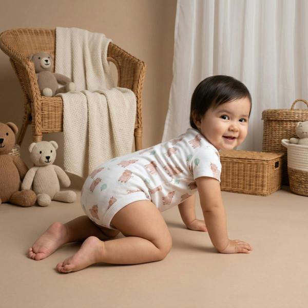 Mini Cuddles Baby Unisex Farm Animal Printed pack of 3 Bodysuits, Sage Green, Cream and White