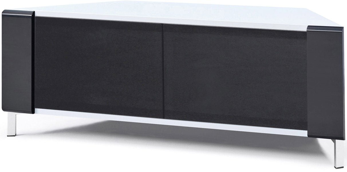 MDA Designs CORVUS Corner-Friendly Gloss White Contemporary Cabinet with Black Profiles Black BeamThru Glass Doors for Flat Screen TVs up to 50"