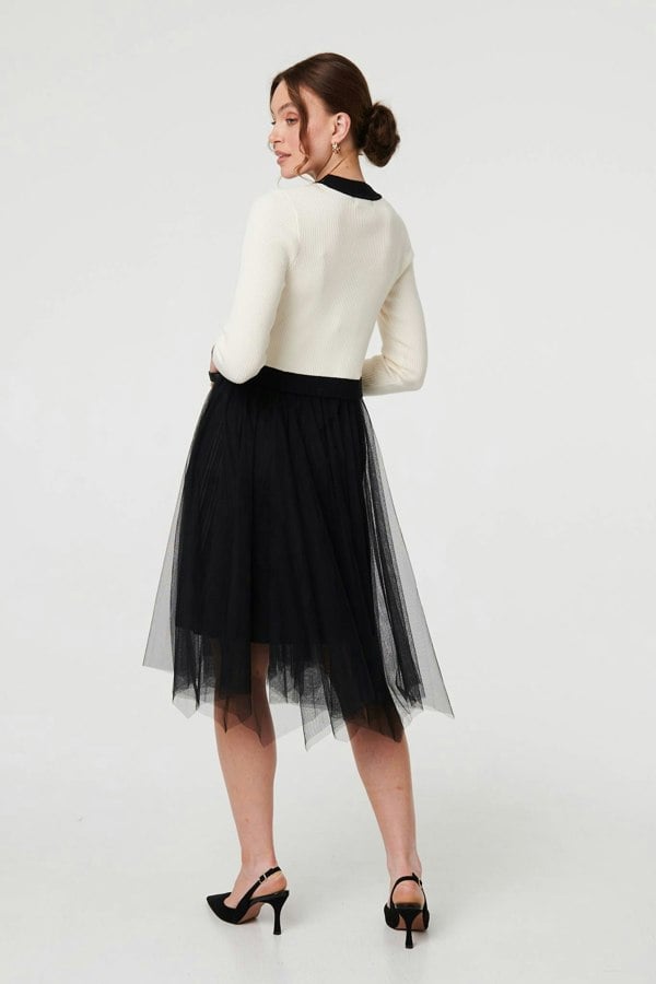 Black And White | Button Front Mesh Textured Jumper Dress
