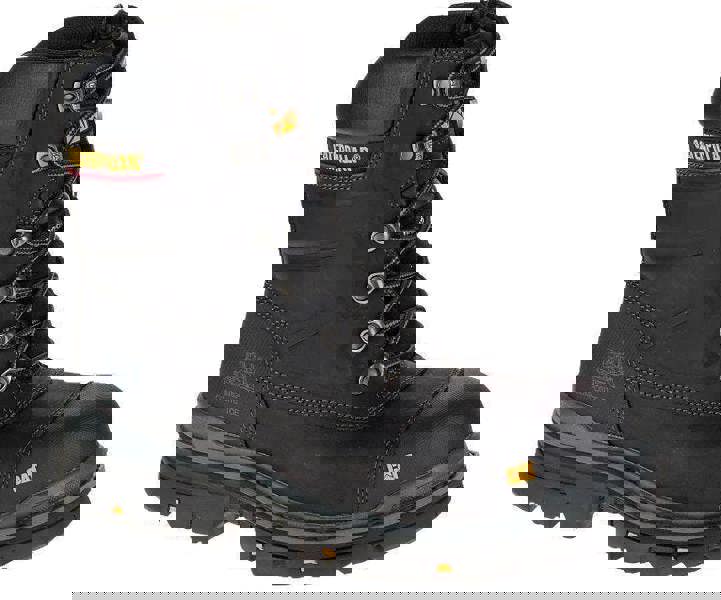 Caterpillar Premier 8 TX Mens Composite Toe/Midsole Water-Resistant Work Boots, black heavy-duty safety work boot with steel toe protection, rugged sole, and water-resistant leather material.