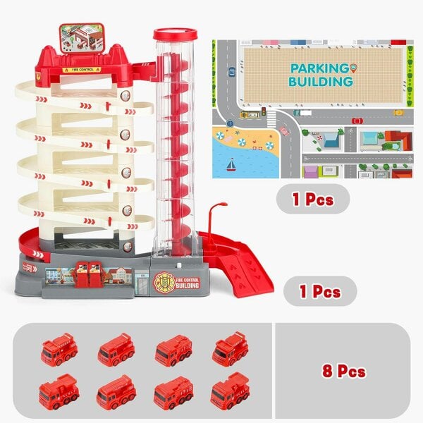 deAO Toys Fire Control Garage Toy Car Set with Sound, Lights, Electric Elevator and 8 Cars - Rescue Playset for Kids 3+