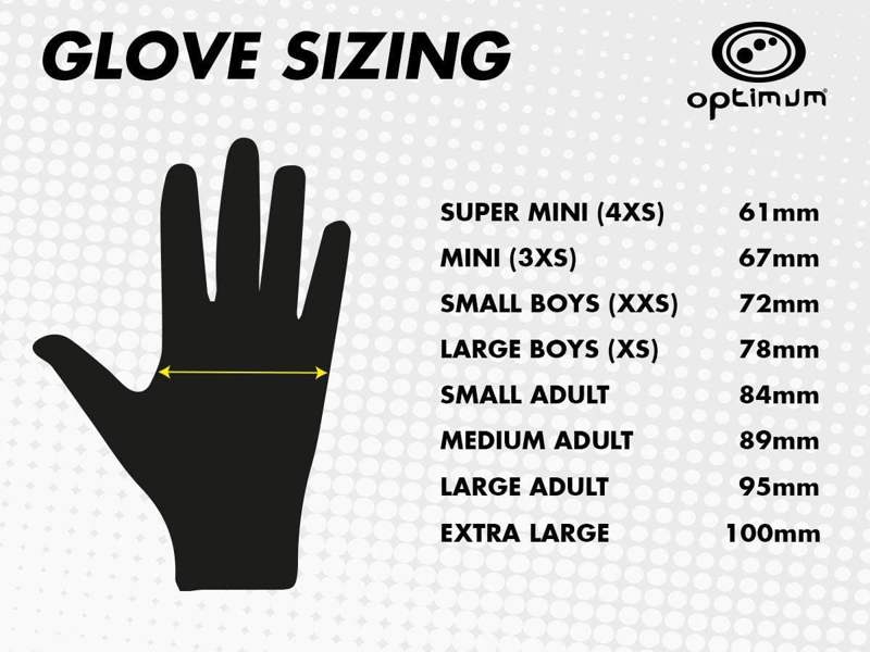 Optimum glove sizing chart with hand silhouette and size measurements from 4XS to Extra Large - Optimum