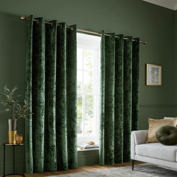 Catherine Lansfield Crushed Velvet Lined Eyelet Curtains Olive Green