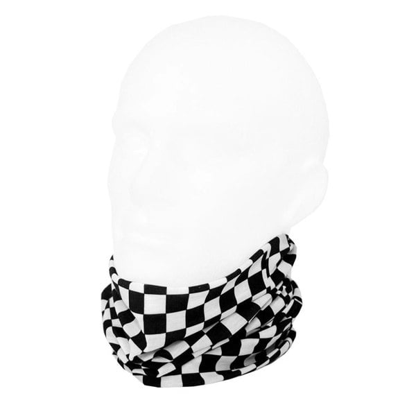 RUFFNEK® Black & White Chequerboard Snood – versatile neck warmer for bikers, chefs, and F1 fans.