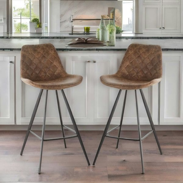 Rafaelo Mobilia 2PC Bar Stools Set With Backrest Quilted Brown