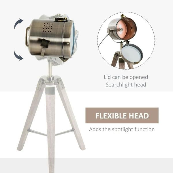 Tripod spotlight desk lamp showing openable searchlight head and dark wood tripod base