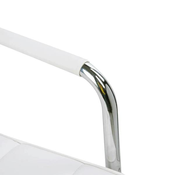 Close-up of white armrest and chrome support on a rolling office chair