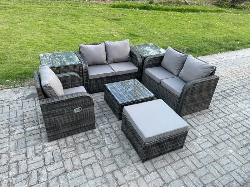 Fimous 7 Piece Garden Furniture Sets 6 Seater Outdoor Patio Furniture Set Weaving Wicker Rattan Sofa Chair and Table with 2 Side Tables Big Footstool