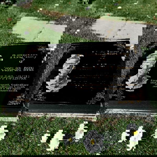 Memorials Direct Granite Memorial Tablet with Floral Border, Engraved Photo, Free Personalised Gold Engraving, Polished Black Granite