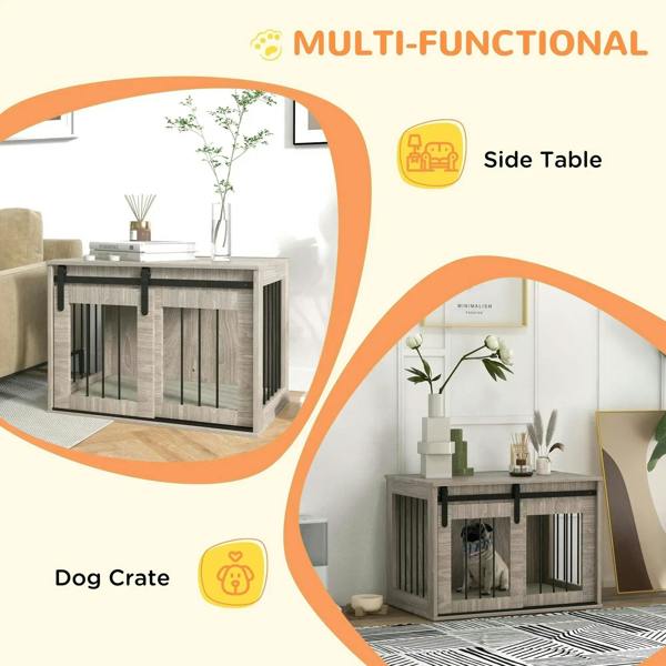 Dog crate furniture with side table top, wood-look frame, and front bar gate