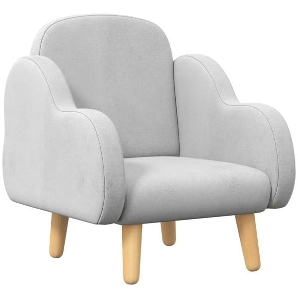 Grey kids armchair with cushioned back, armrests, and light wood legs