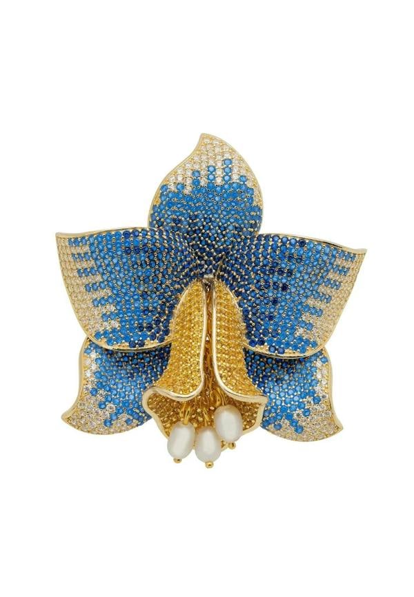 Daffodil With Pearls Cocktail Ring Gold Sapphire CZ - LATELITA Rings
