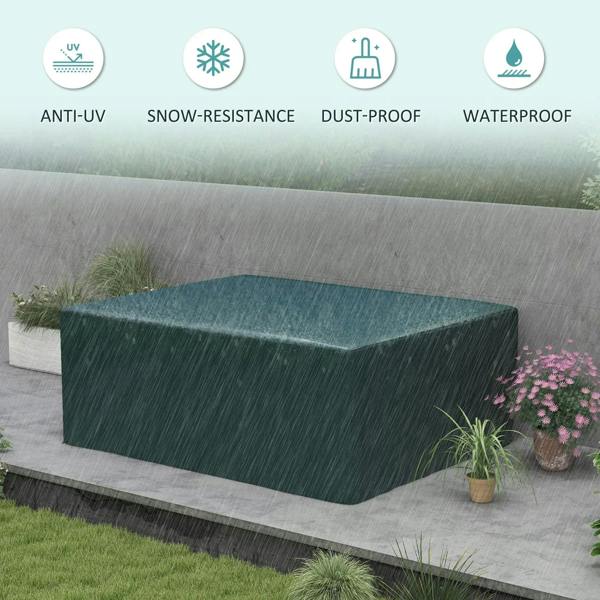 Dark green patio furniture cover with waterproof fabric look and sealed seams.