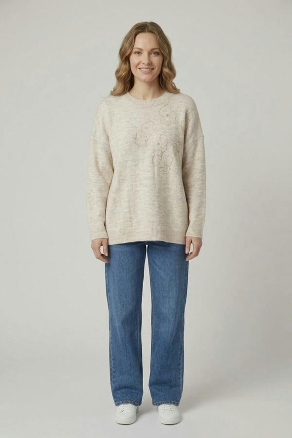 Cream | Floral Embellished Textured Jumper