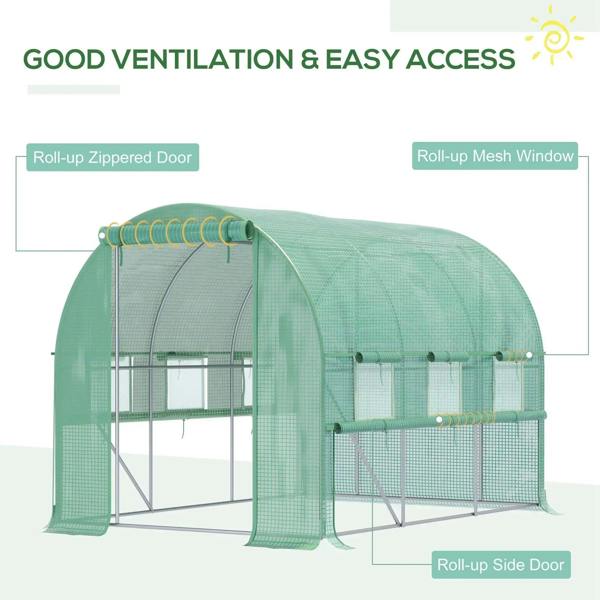 Green walk-in polytunnel greenhouse with roll-up zip door and roll-up mesh side panels