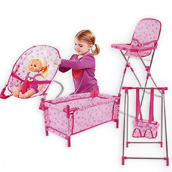 Kids Deluxe 5 -in-1 Baby Doll Pretend Play Set with Cot Bed Bouncer Adjustable Swing Seat and High Chair Accessories