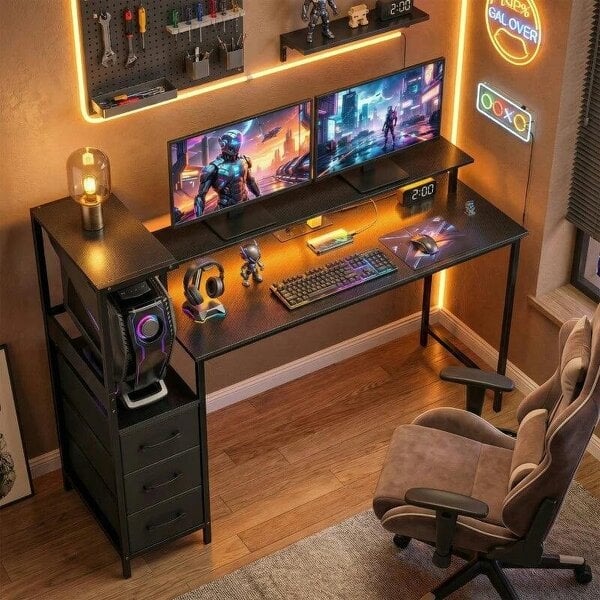 147cm Gaming Desk with Charging Station and Monitor Stand, Computer Table for Home Office with RGB Lights, Black - Black
