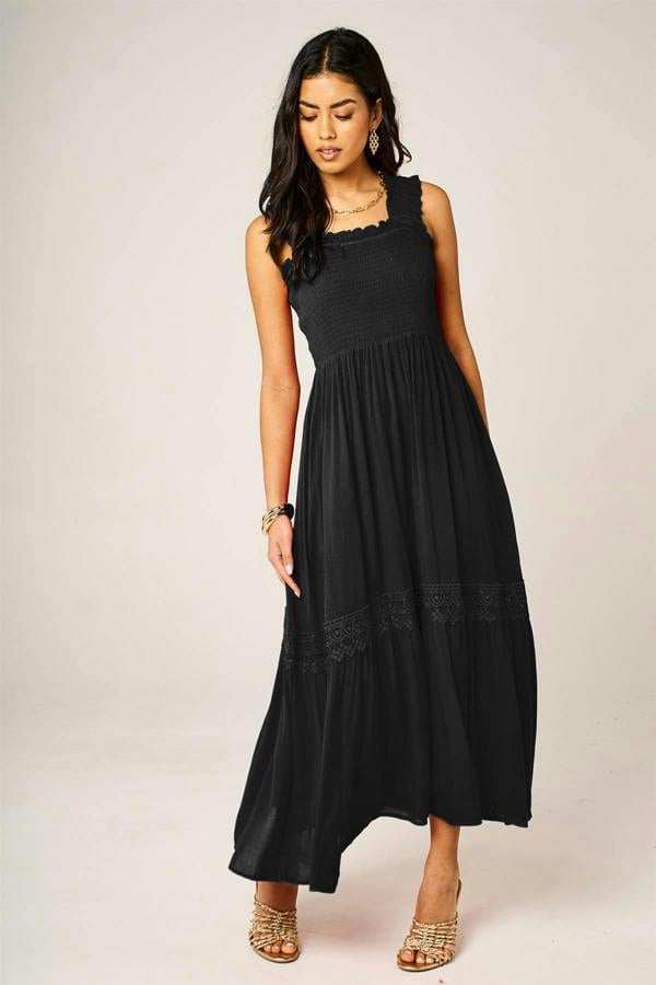 FS Collection Lace Detail Tiered Maxi Dress In Black