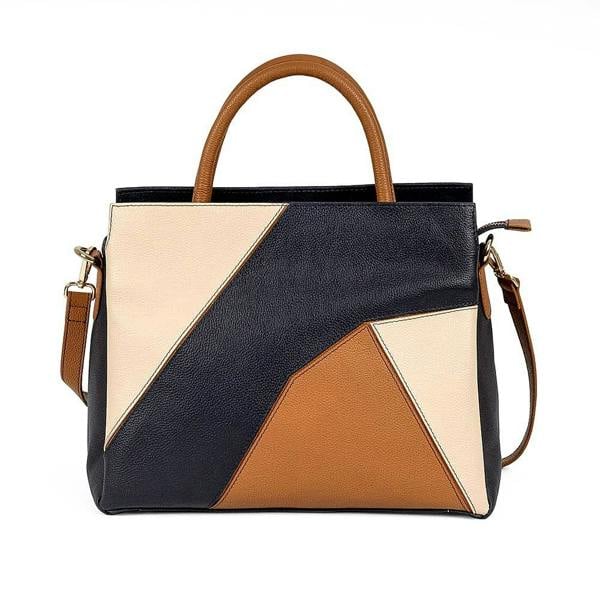 Pia Tan & Navy Leather Cross-Body Bag, Croc-Embossed Trim with Gold