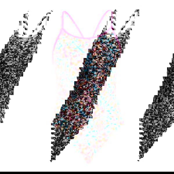 Funkita Copper Cluster Diamond secure back period proof swimsuit in black multi with floral print, pink trim and straps