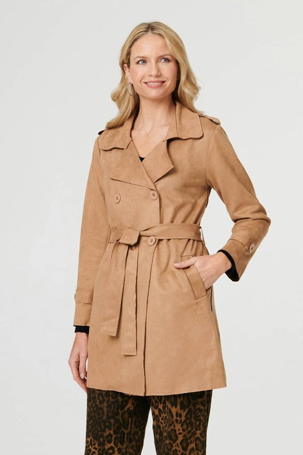 Beige | Faux Suede Double Breasted Trench Coat

