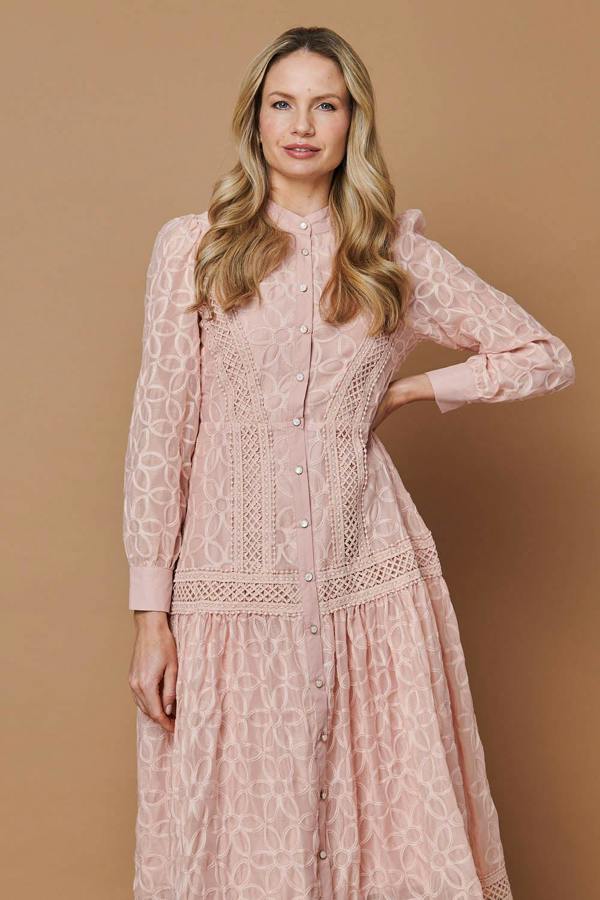 Pink | Embroidered Lace Long Sleeve Midi Dress