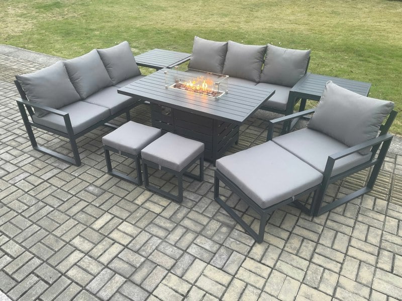 Fimous Aluminium 9 Pieces Garden Furniture Sofa Set with Cushions 10 Seater Gas Fire Pit Dining Table Set with 2 Side Tables 3 Footstools Dark Grey