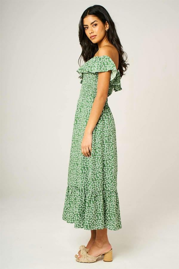 FS Collection Little Floral Print Hem Frill Detail Bardot Midi Dress In Green