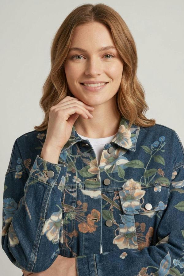 Izabel London Floral Print Drop Shoulder Denim Jacket