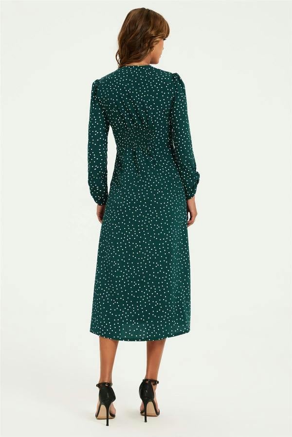 FS Collection Dot Print Long Sleeve Button Front Midi Dress In Green