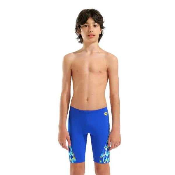 Arena Boys Print Swim Jammer in neon blue yellow with geometric pattern
