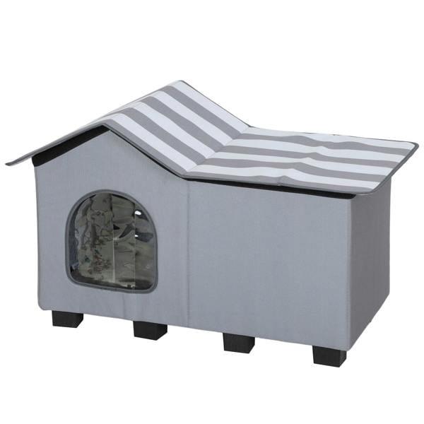 Grey outdoor cat house with arched front window, striped cushion top, elevated legs