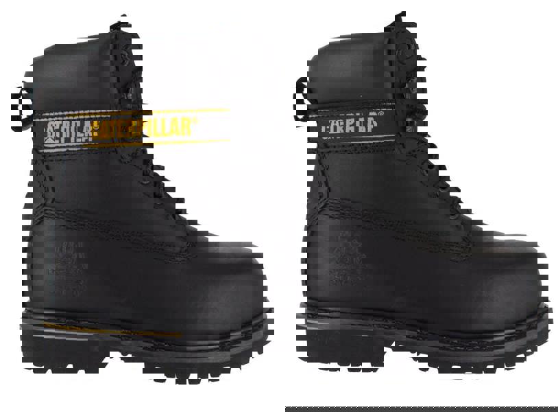 Caterpillar Holton Mens SB Safety Steel Toe Cap Lace Up Work Boots, black steel toe work boots with lace-up design and rugged sole.