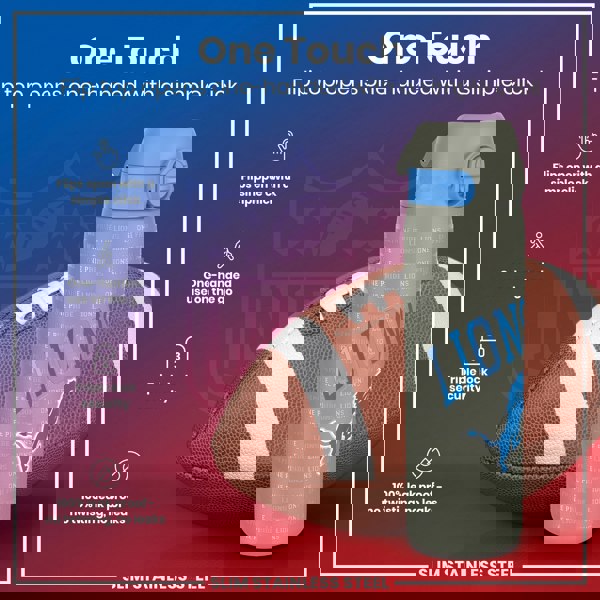 A gray water bottle, featuring a one-handed flip top, rests beside an American football. The bottle is slim, stainless steel, and leak-proof. The text on the bottle repeatedly says "ONE PRIDE LIONS".