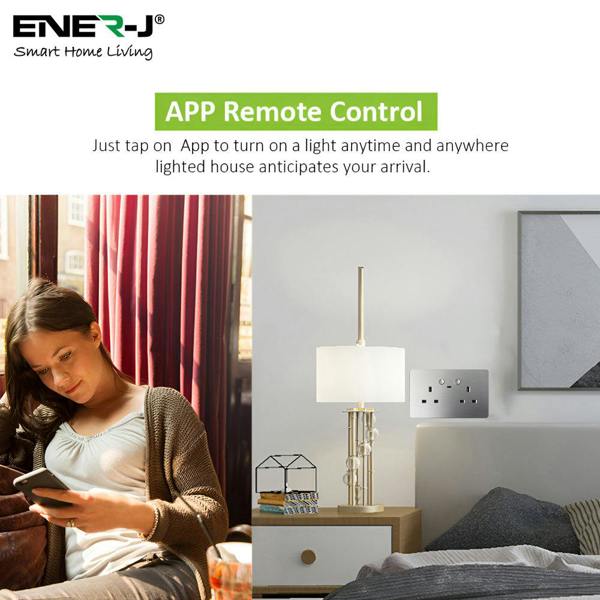 ENER-J smart wall socket controlling bedroom lamp via mobile app, remote access smart home lifestyle setup