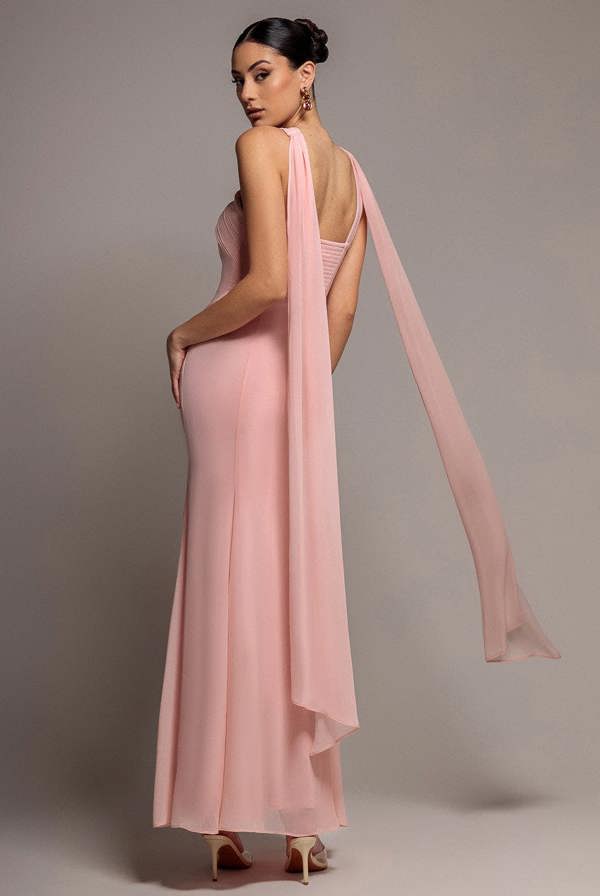 Cross Front Scarf Back Chiffon Mermaid Maxi Dress - Blush Pink DR4831