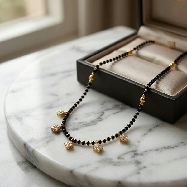 The Colourful Aura Modern Graduated Diamond Charm Black Beaded 18ct Gold Plated Mangalsutra Necklace